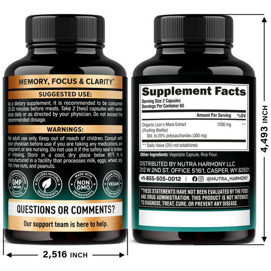 Nutraharmony mushroom supplement 120 vegetable capsules packaging details showing 25 percent polysaccharides