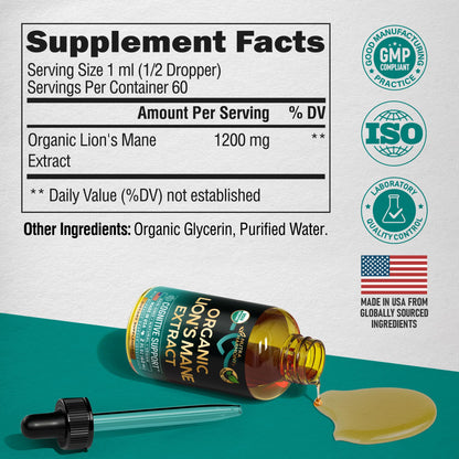 Sixty milliliter bottle of organic lions mane dietary supplement on a clean background.