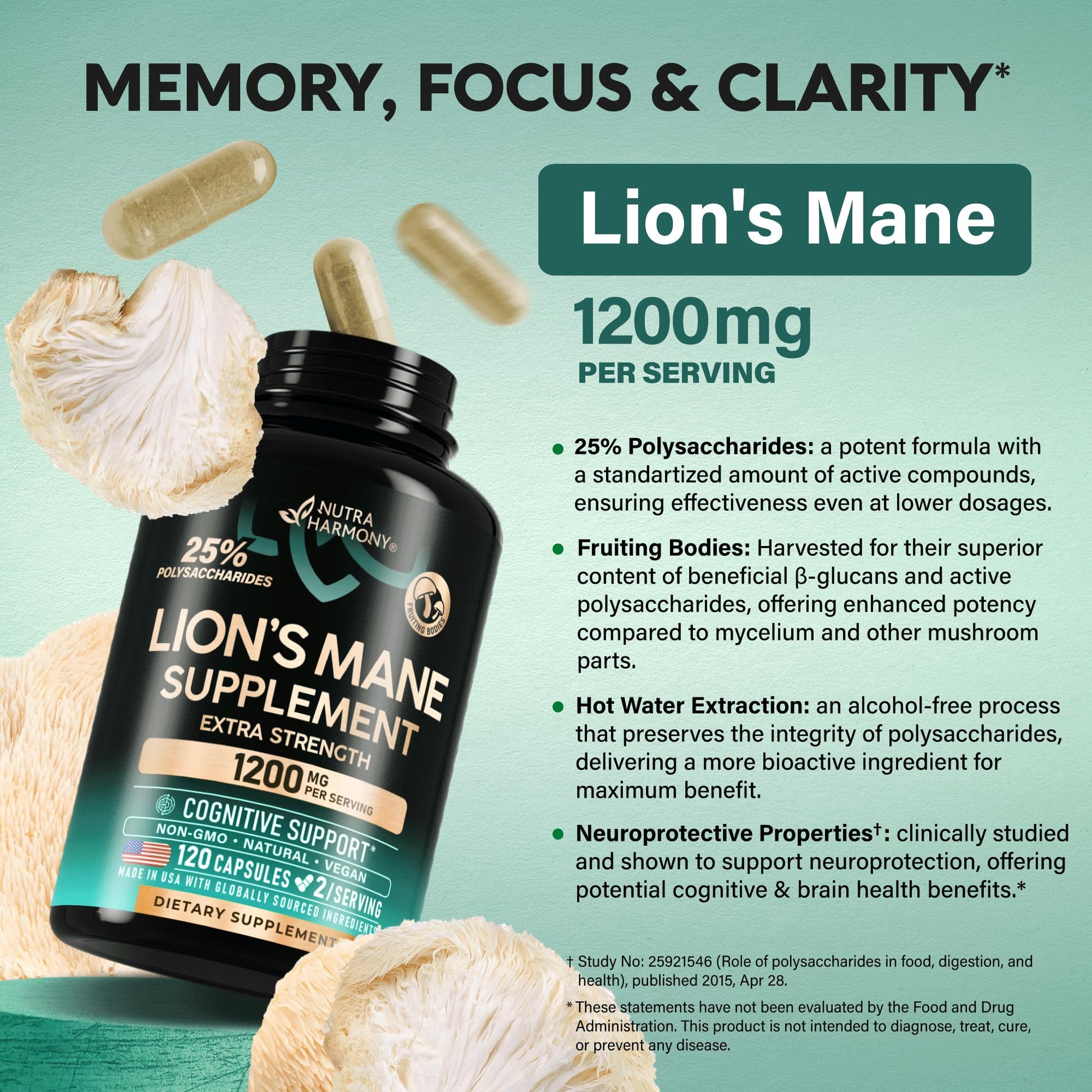 Nootropic brain supplement capsules for memory focus and mental clarity enhancement