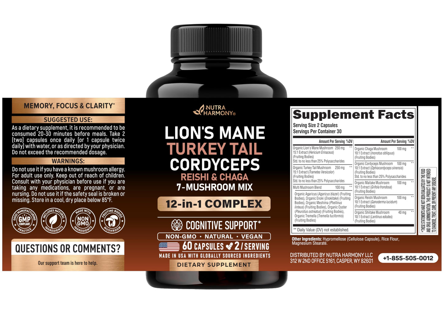 Nutraharmony multi mushroom supplement label showing Lions Mane and Turkey Tail ingredients.