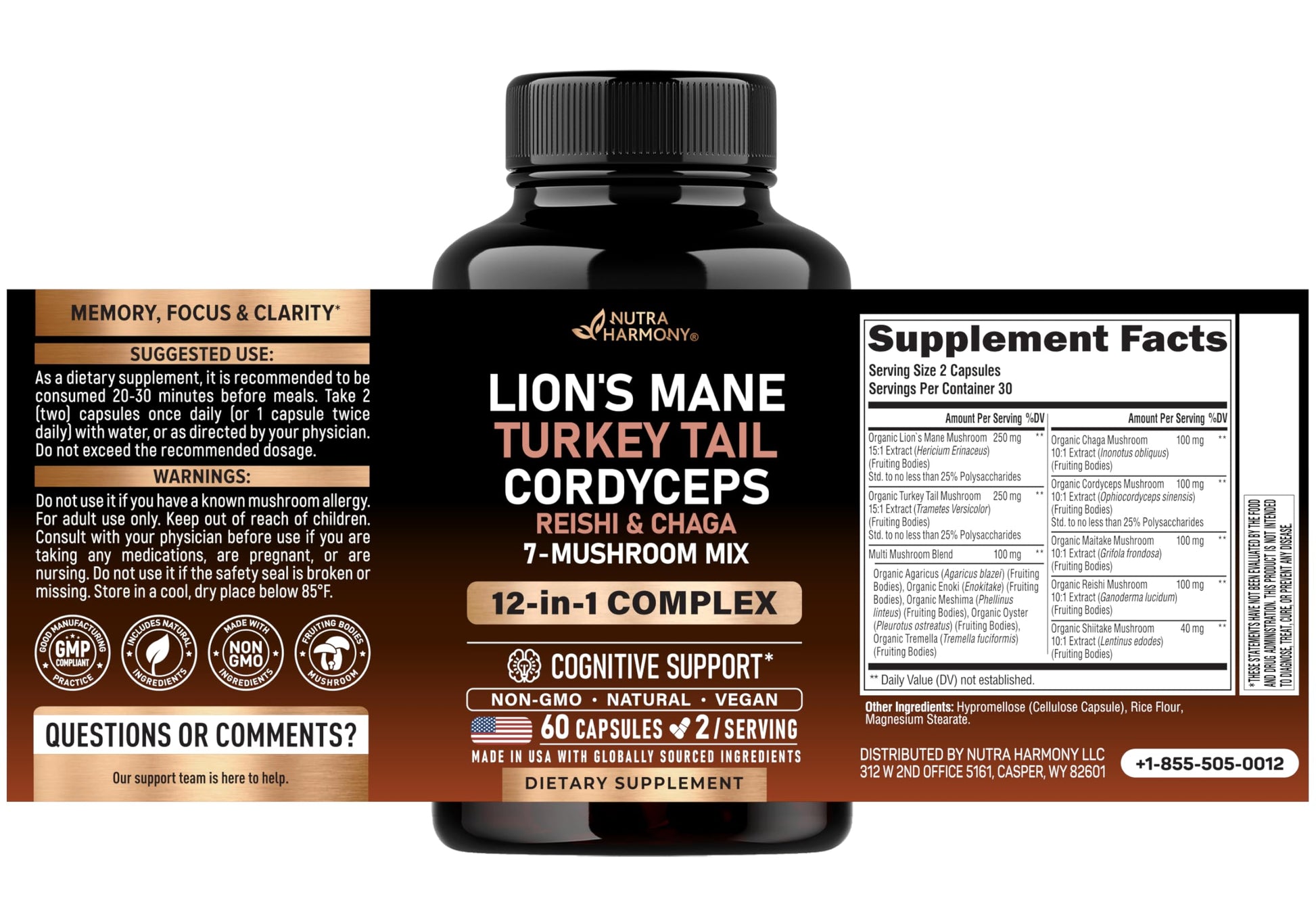 Nutraharmony multi mushroom supplement label showing Lions Mane and Turkey Tail ingredients.