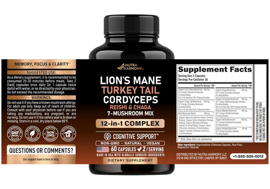 Nutraharmony multi mushroom supplement label showing Lions Mane and Turkey Tail ingredients.
