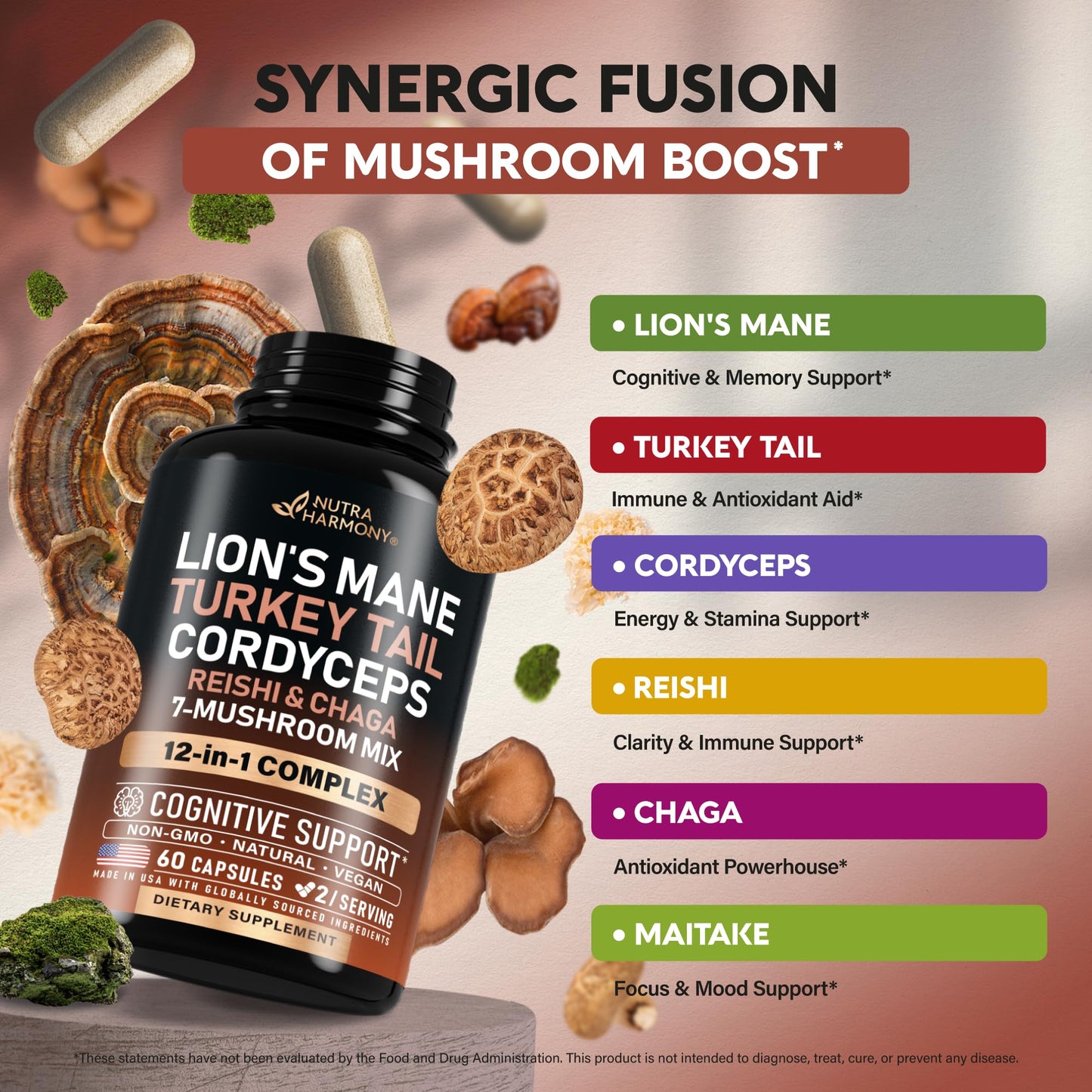Side view of Nutraharmony 12,000 mg equivalent mushroom complex packaging.
