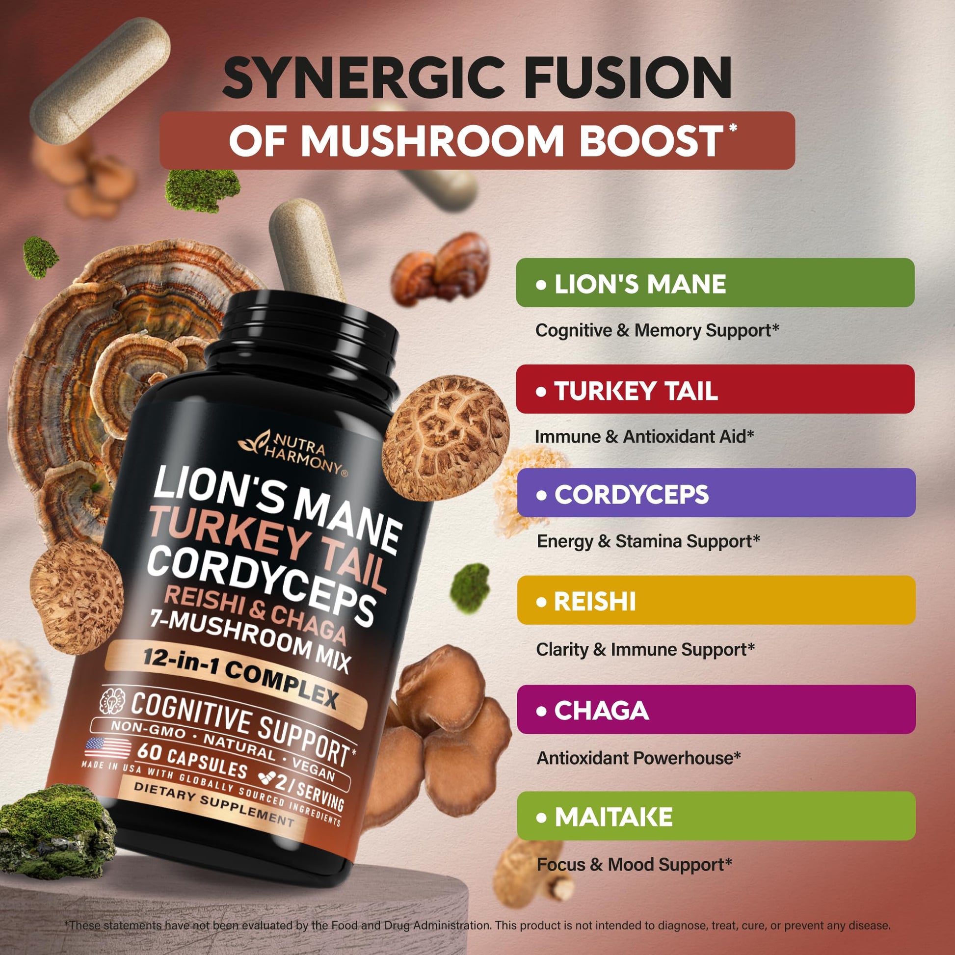 Side view of Nutraharmony 12,000 mg equivalent mushroom complex packaging.