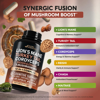 Side view of Nutraharmony 12,000 mg equivalent mushroom complex packaging.