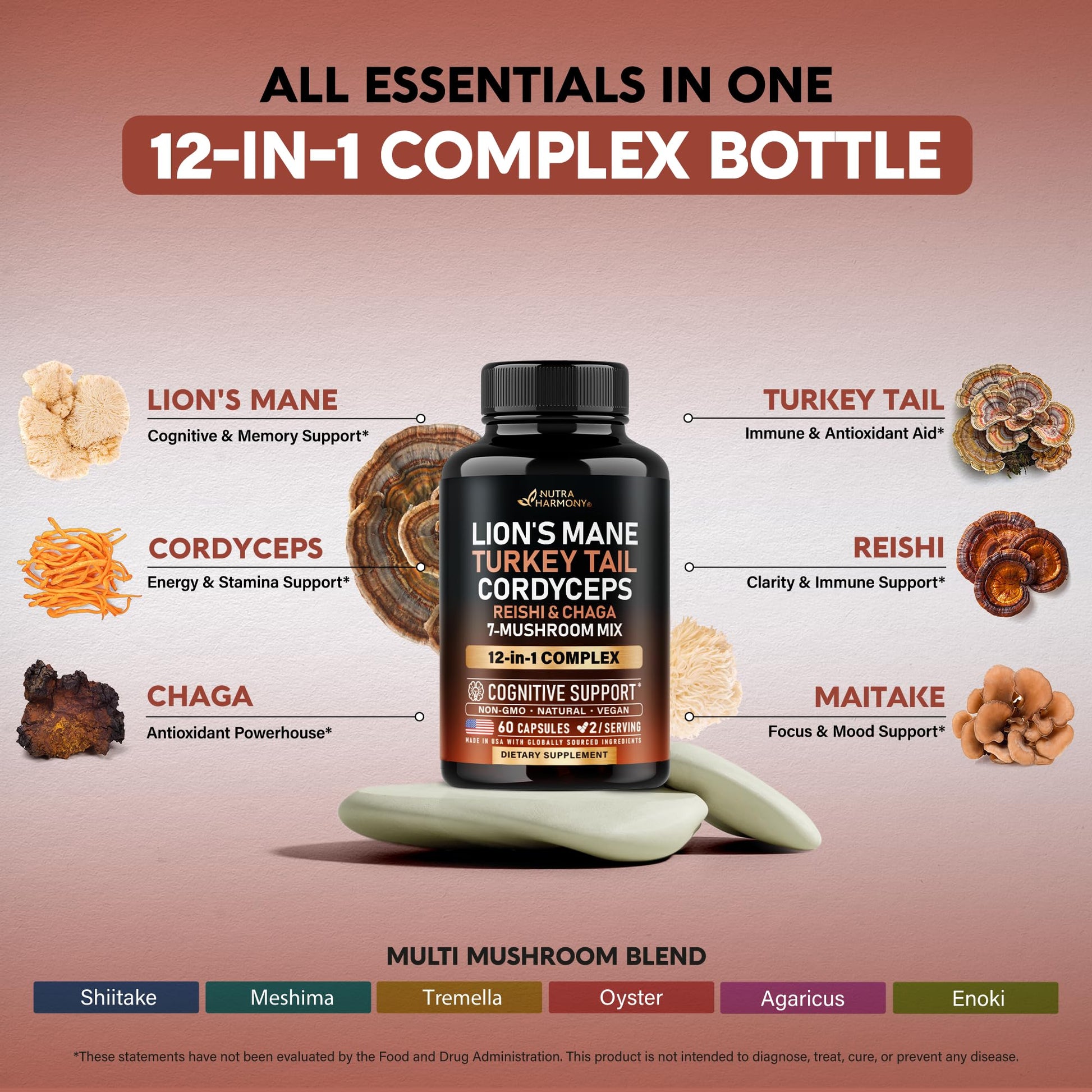 Nutraharmony organic mushroom supplement capsules displayed next to the bottle.