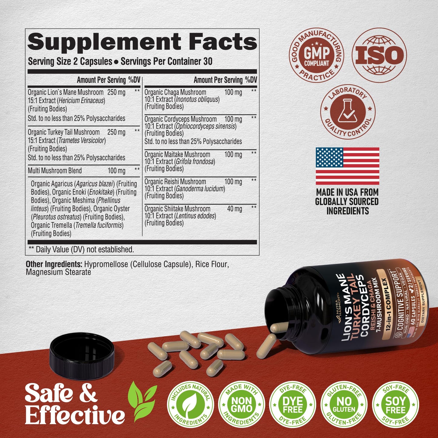 Nutraharmony 12 in 1 mushroom complex nutrition facts and serving size information.