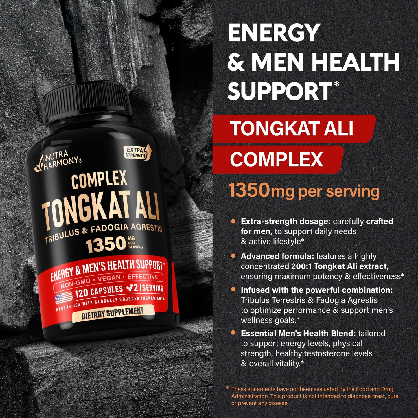 Side view of Nutraharmony Tongkat Ali Fadogia Agrestis bottle
