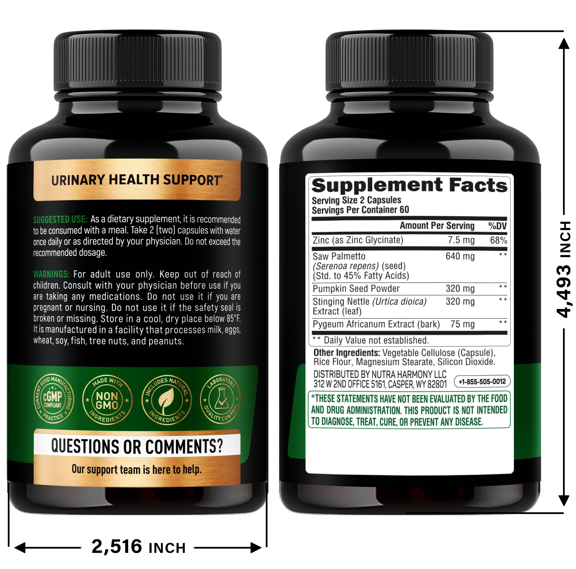 NUTRAHARMONY Saw Palmetto prostate supplement supplement facts panel detailing zinc and pumpkin seed ingredients