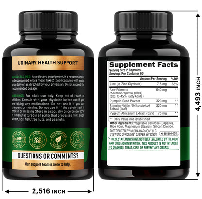 NUTRAHARMONY Saw Palmetto prostate supplement supplement facts panel detailing zinc and pumpkin seed ingredients