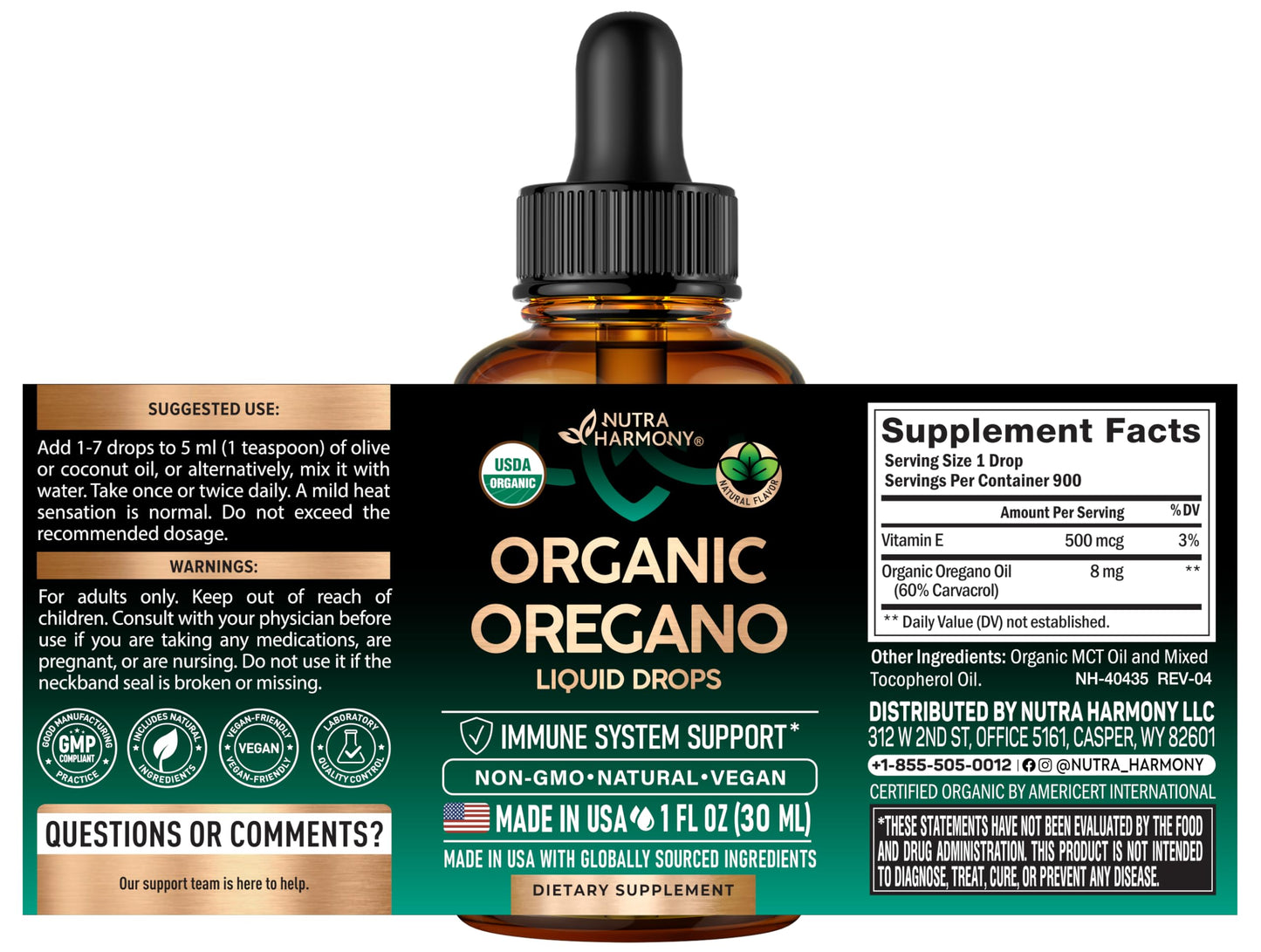 Nutraharmony organic oregano oil supplement with sixty percent carvacrol label details
