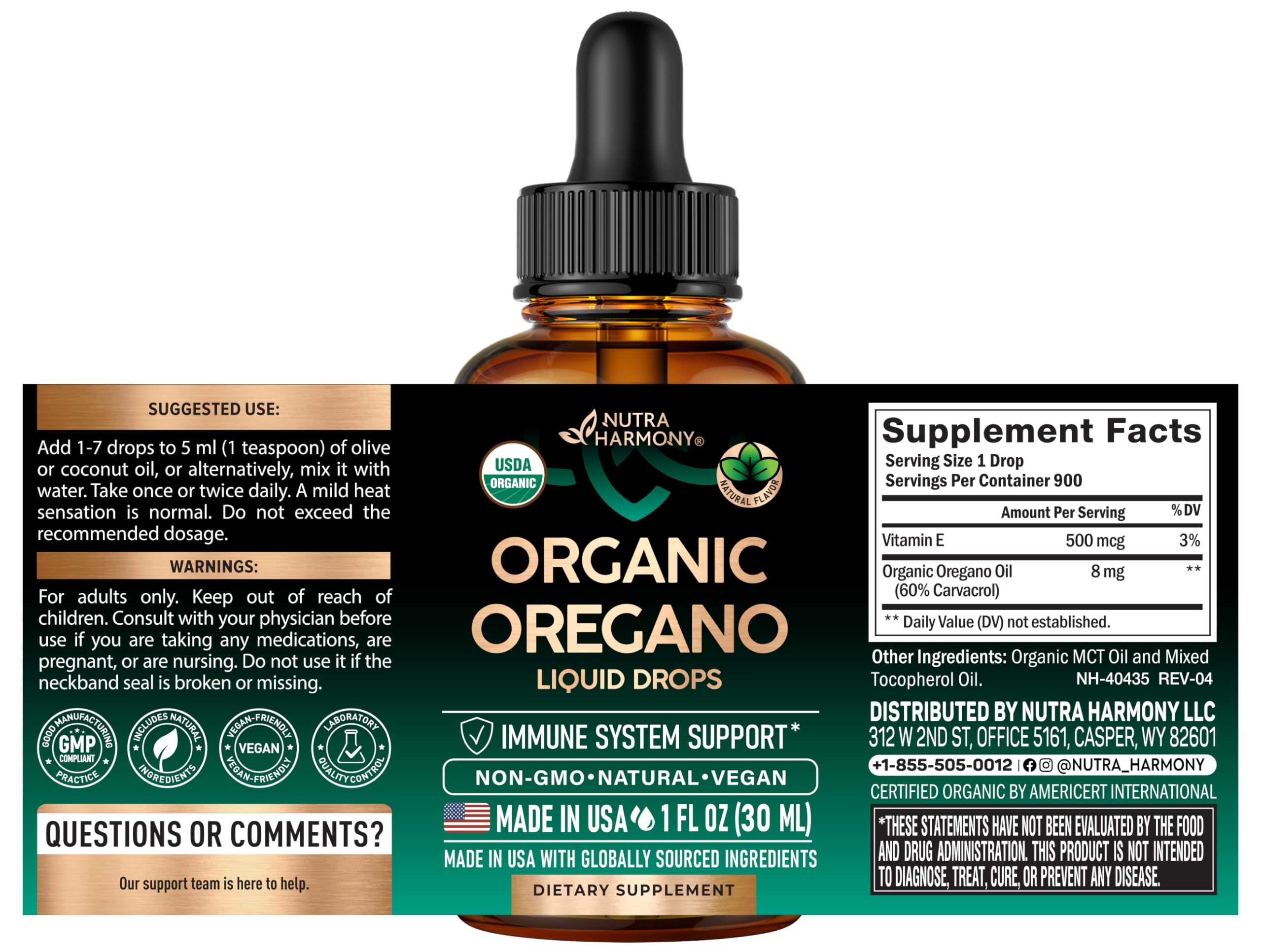 Nutraharmony organic oregano oil supplement with sixty percent carvacrol label details