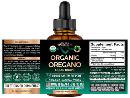 Nutraharmony organic oregano oil supplement with sixty percent carvacrol label details