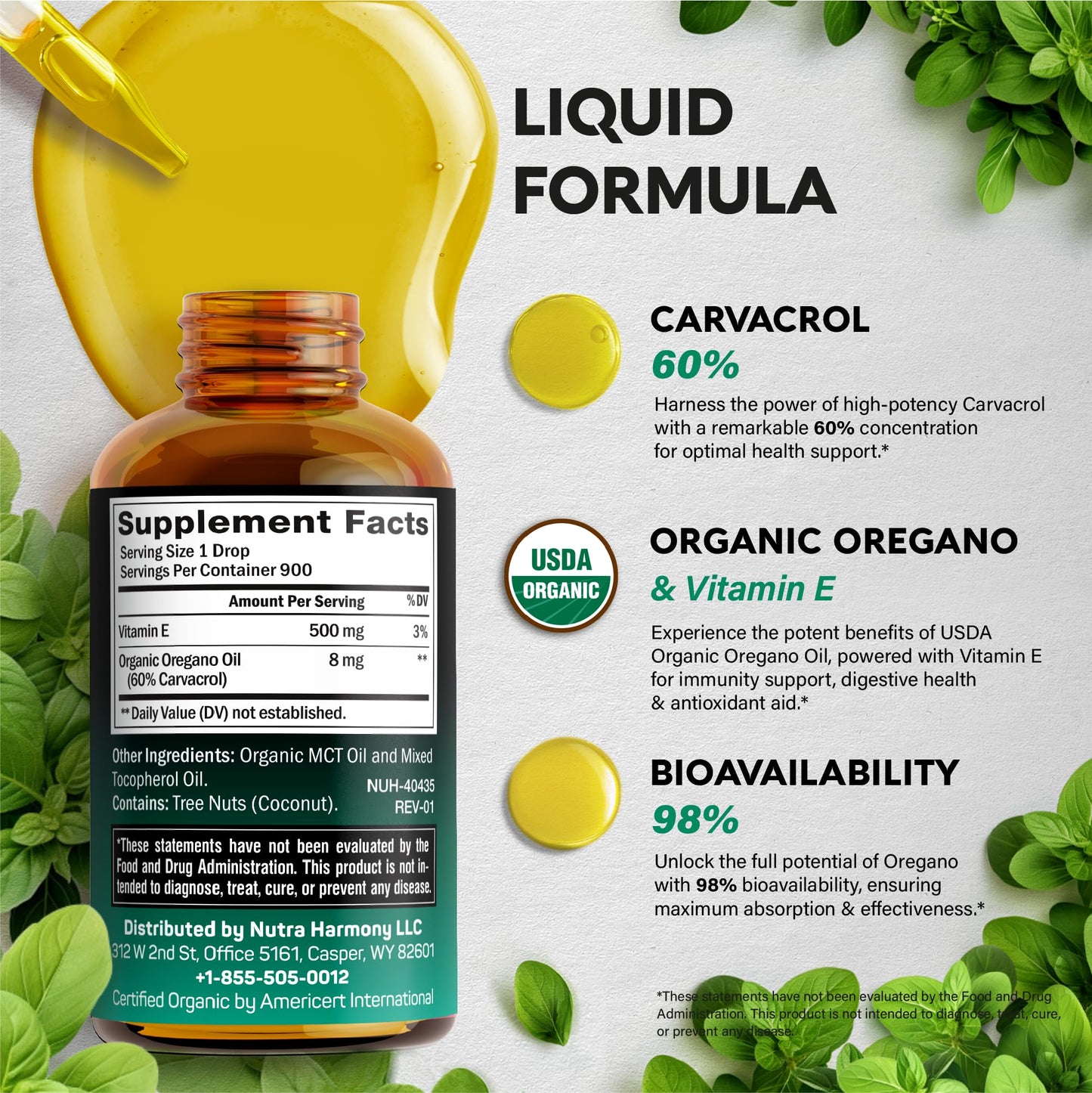Nutraharmony organic oregano oil vegan non GMO liquid drops side view