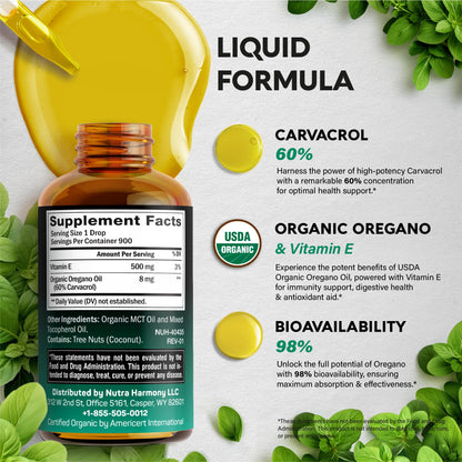 Nutraharmony organic oregano oil vegan non GMO liquid drops side view