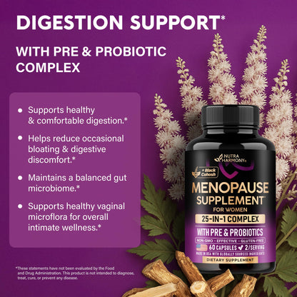 NUTRAHARMONY menopause relief bottle emphasizing prebiotic and probiotic blend