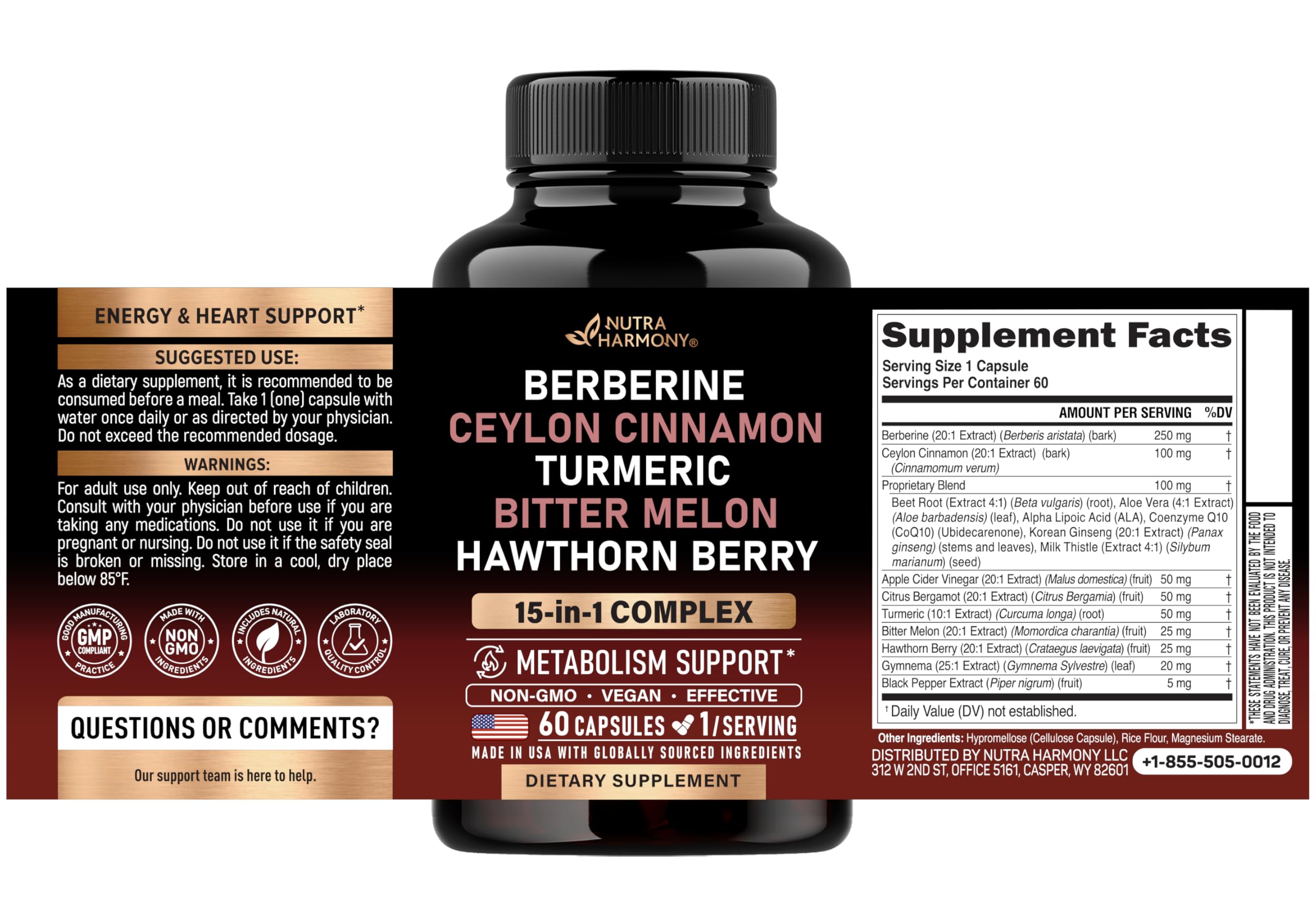 Nutraharmony metabolic support supplement label showing 15 in 1 formula ingredients.