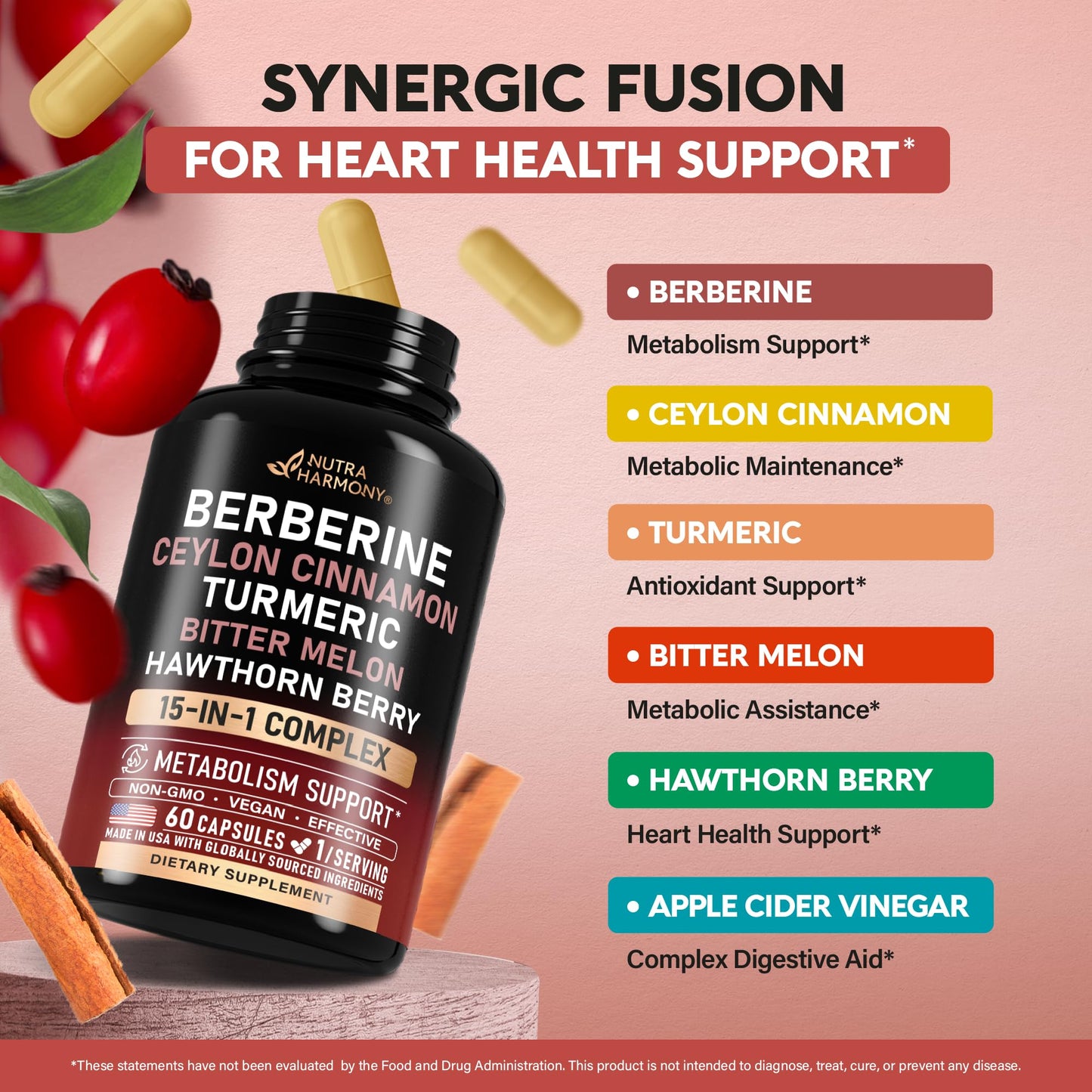 Side view of Nutraharmony non GMO and vegan capsule bottle highlighting quality seals.
