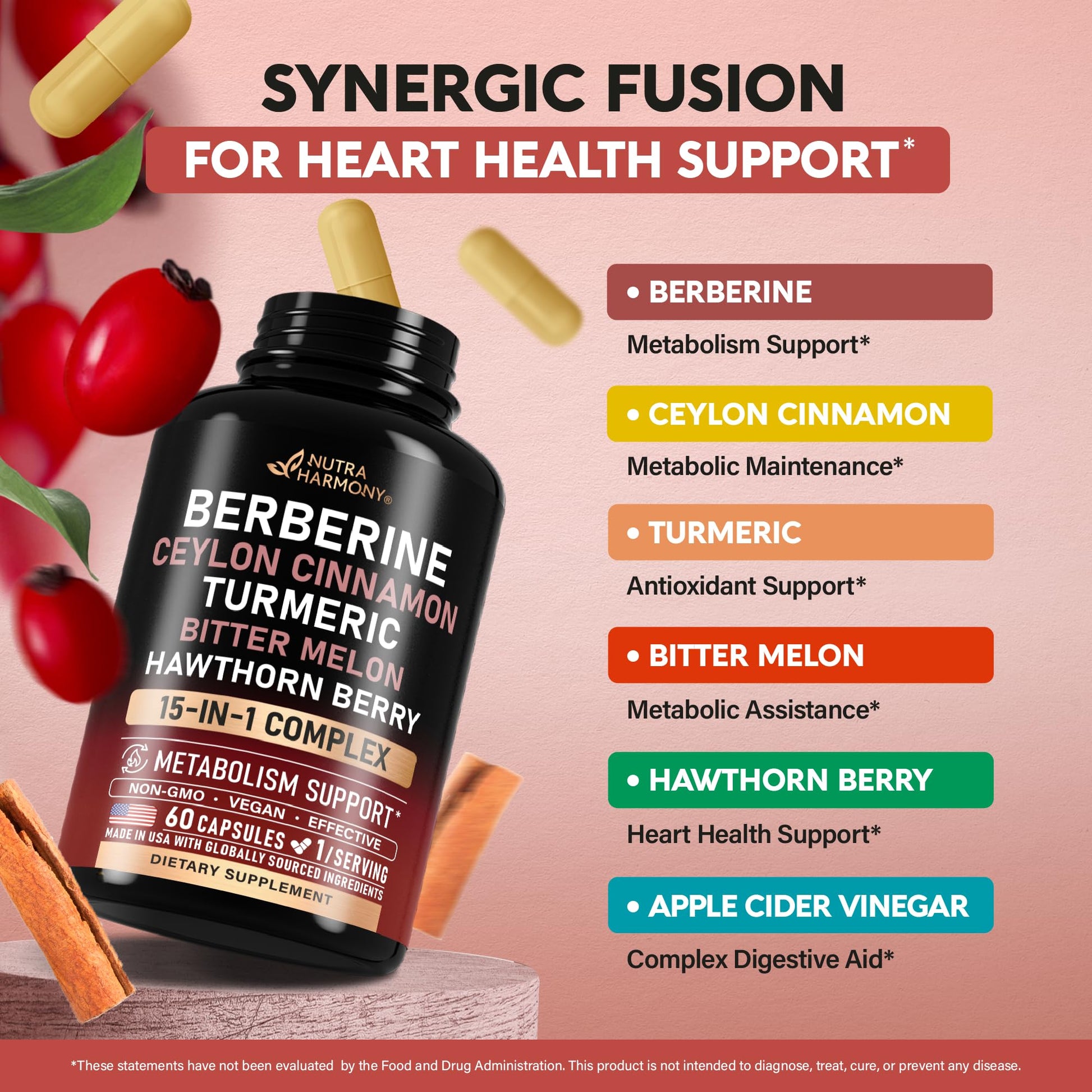 Side view of Nutraharmony non GMO and vegan capsule bottle highlighting quality seals.