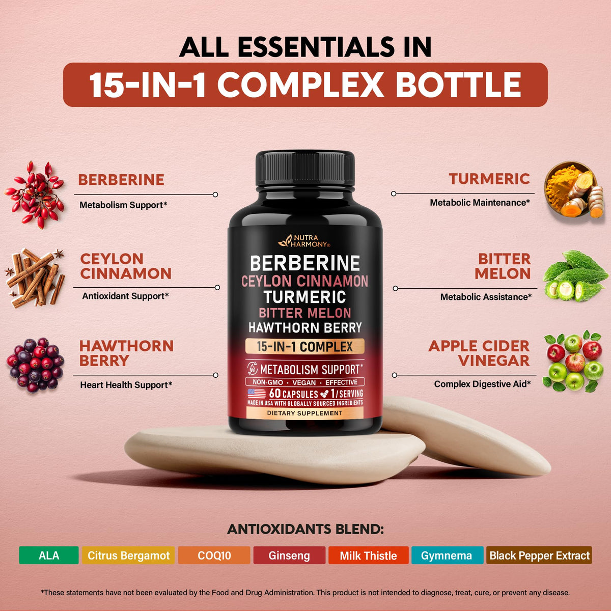 Nutraharmony berberine with ceylon cinnamon premium botanical extract capsules display.