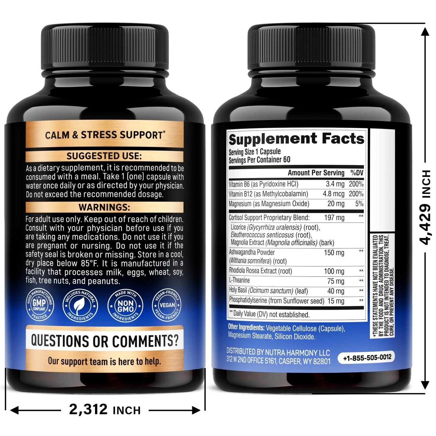 Nutraharmony Cortisol Supplement bottle showing adaptogenic ingredients