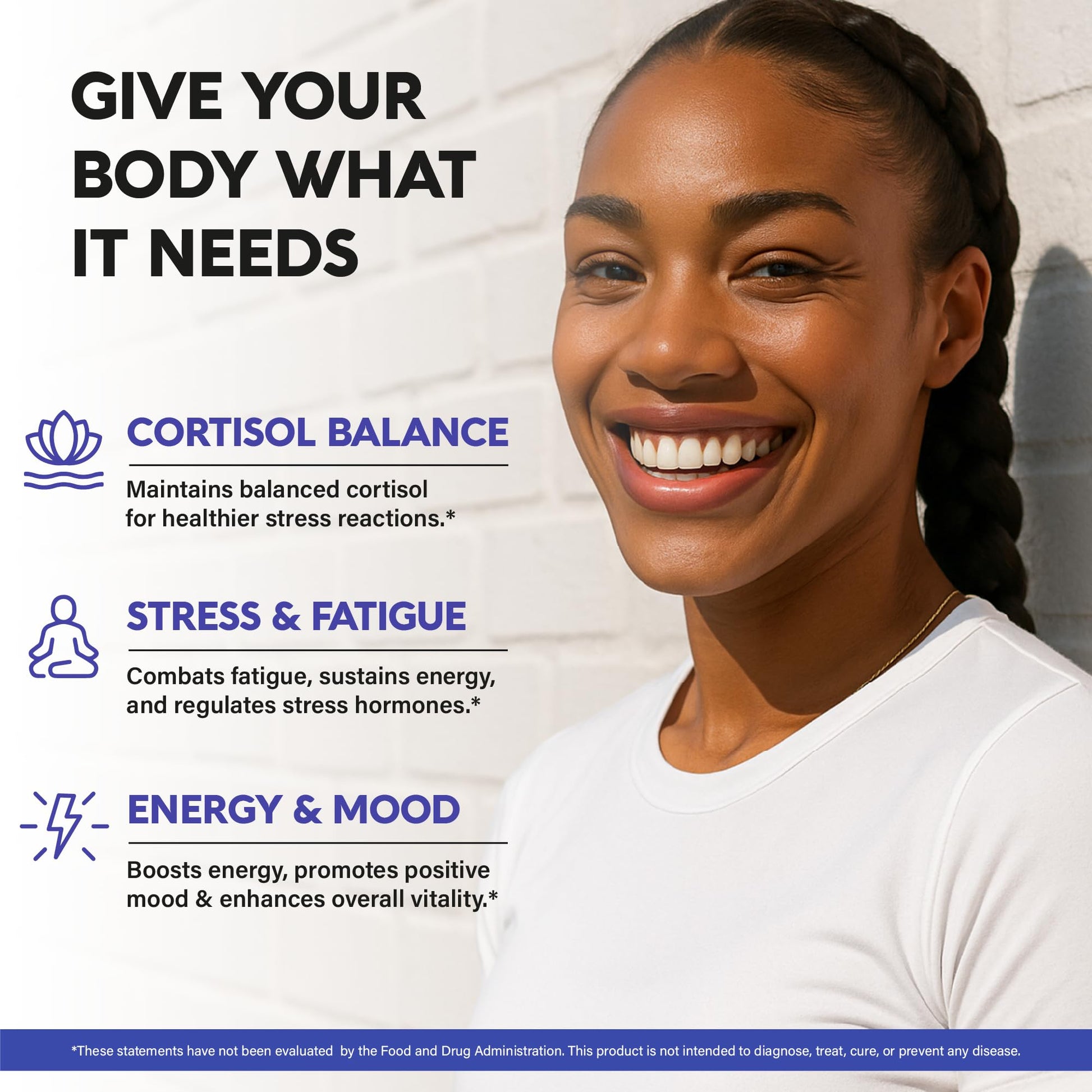 Back of Nutraharmony Cortisol Supplement label with nutrition facts