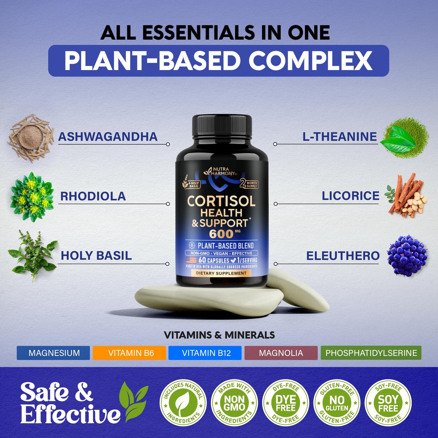 Nutraharmony cortisol support capsules in a glass bowl