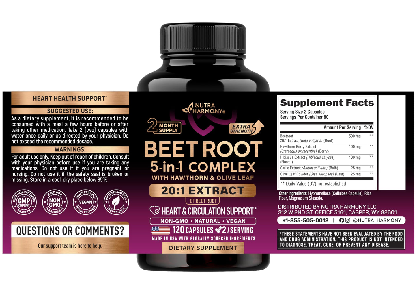NutraHarmony Beet Root 5 in 1 complex 120 capsules nutrition facts panel