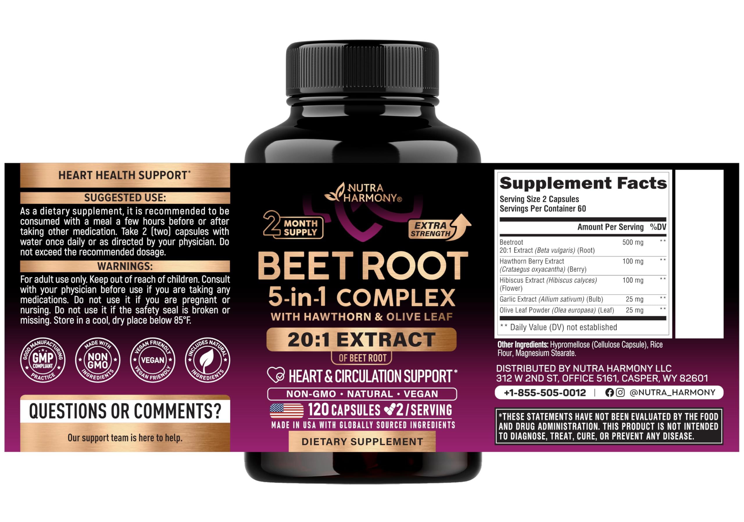 NutraHarmony Beet Root 5 in 1 complex 120 capsules nutrition facts panel