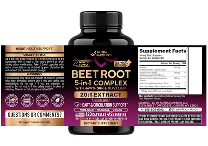 NutraHarmony Beet Root 5 in 1 complex 120 capsules nutrition facts panel