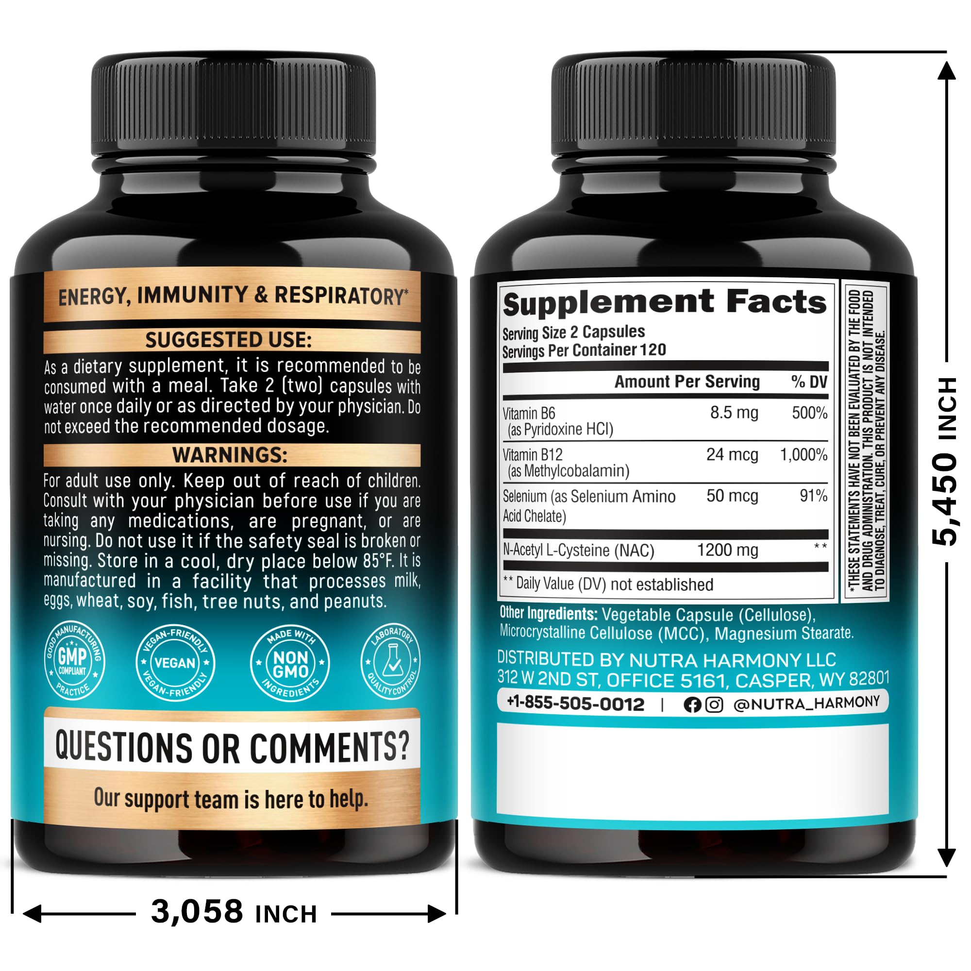 Nutraharmony N-Acetyl L-Cysteine 240 capsules nutritional facts label panel