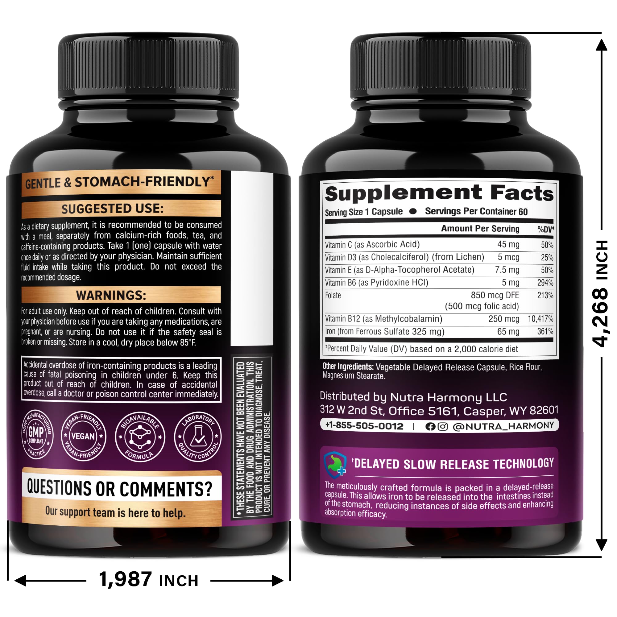 Nutraharmony slow release iron supplement facts panel showing ingredient dosages