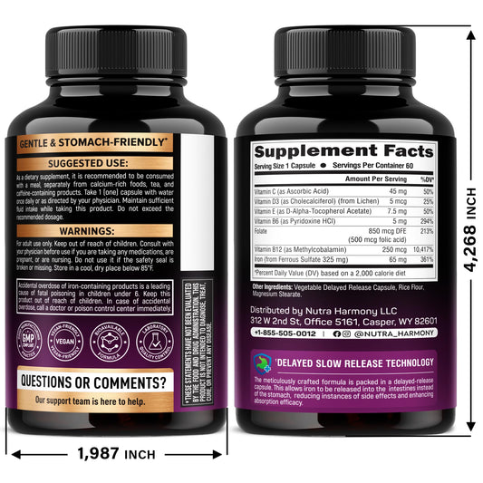 Nutraharmony slow release iron supplement facts panel showing ingredient dosages