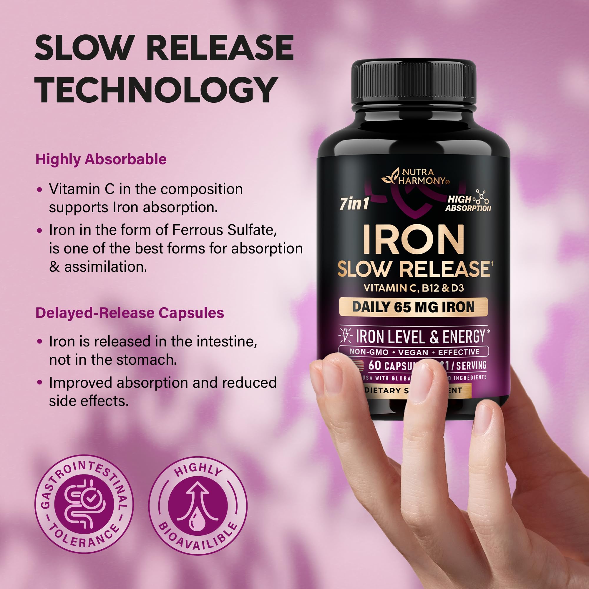 Nutraharmony stomach friendly iron 60 capsules packaging details