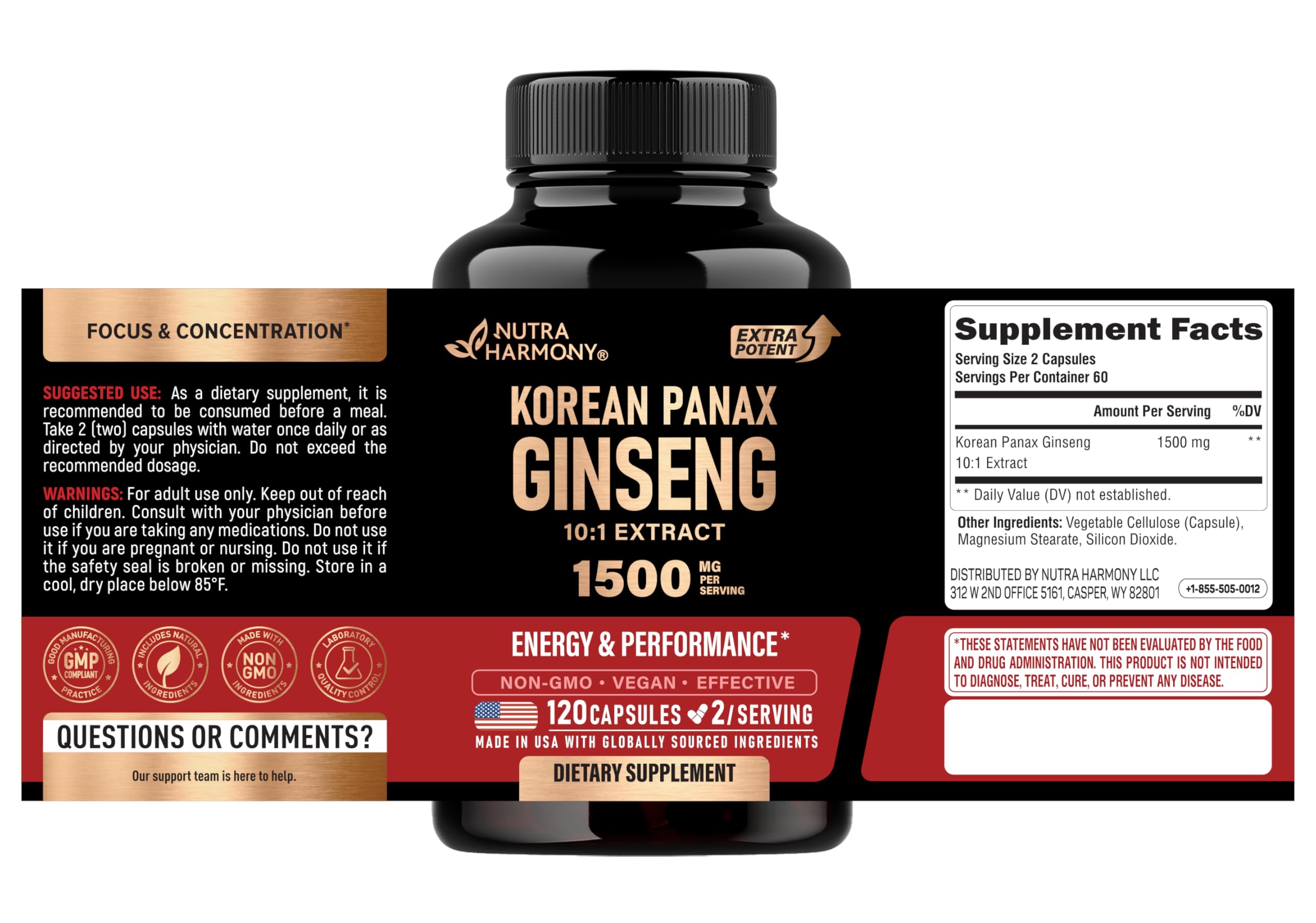 NutraHarmony Korean Red Ginseng supplement label details