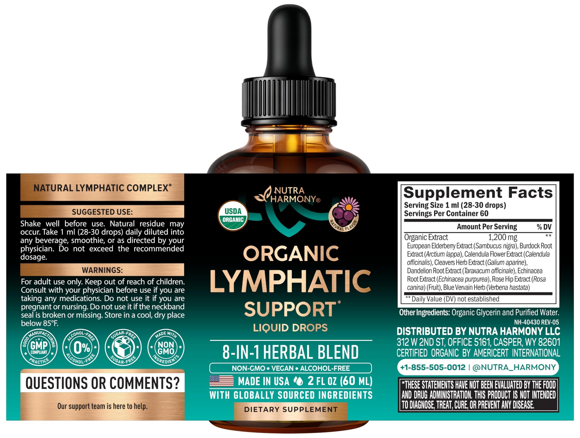 Nutraharmony liquid herbal supplement bottle with dropper display