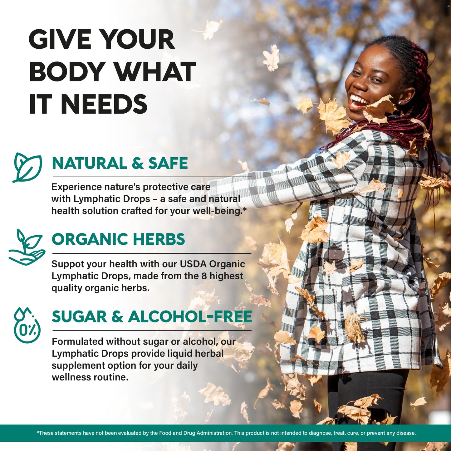 Back label of Nutraharmony lymphatic support drops showing organic ingredients