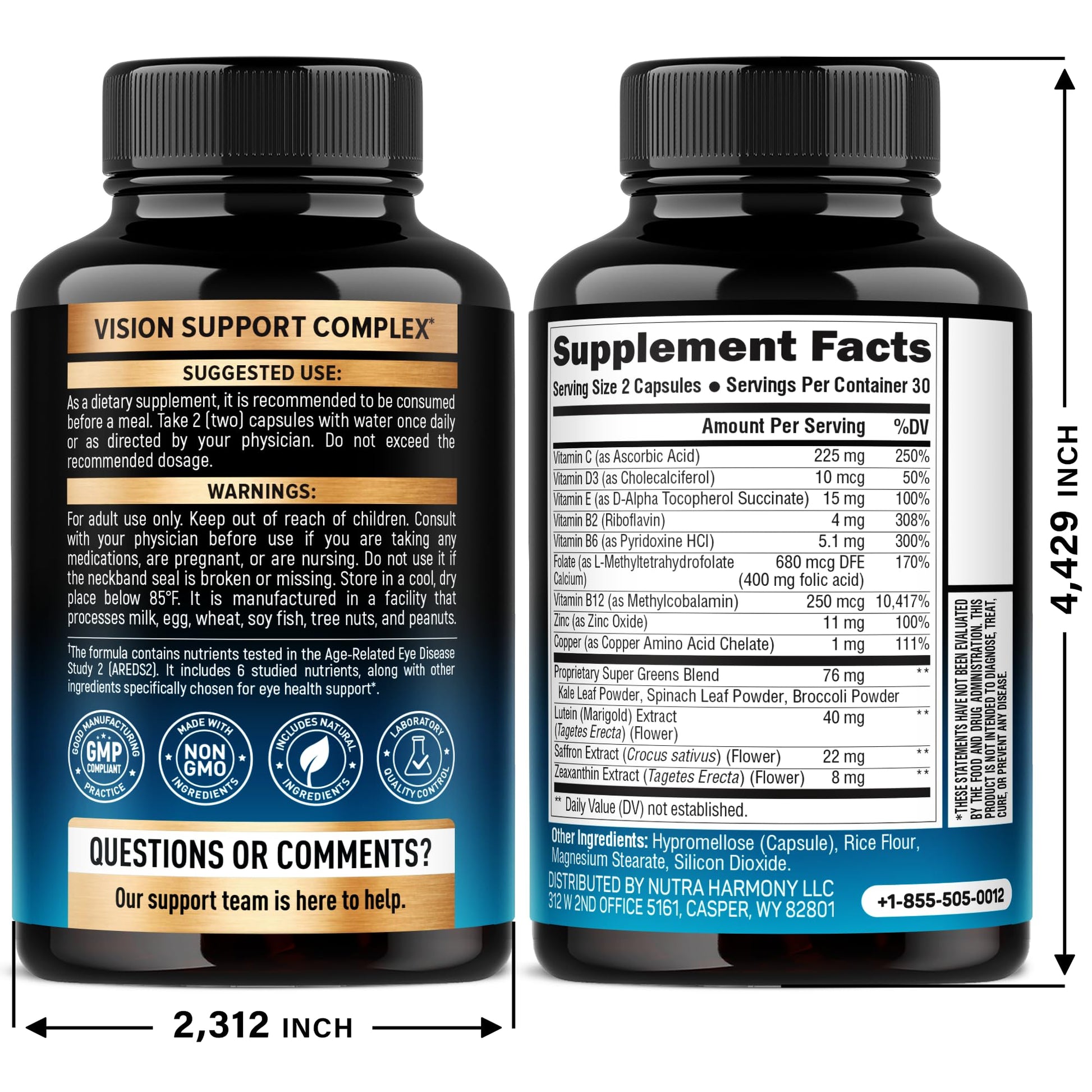 Nutraharmony 15-in-1 Eye Complex supplement bottle label details
