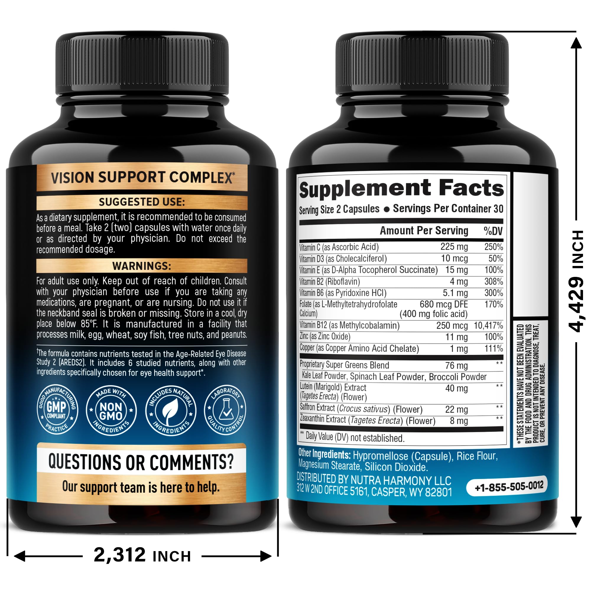 Nutraharmony 15-in-1 Eye Complex supplement bottle label details