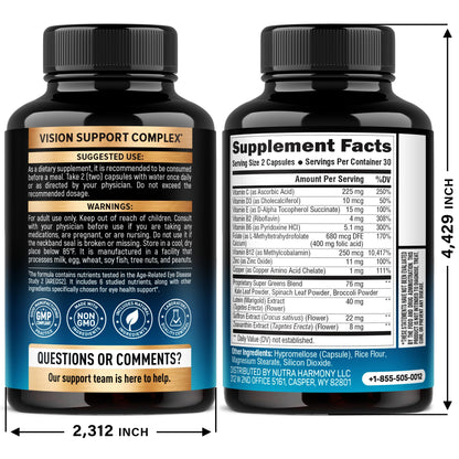 Nutraharmony 15-in-1 Eye Complex supplement bottle label details