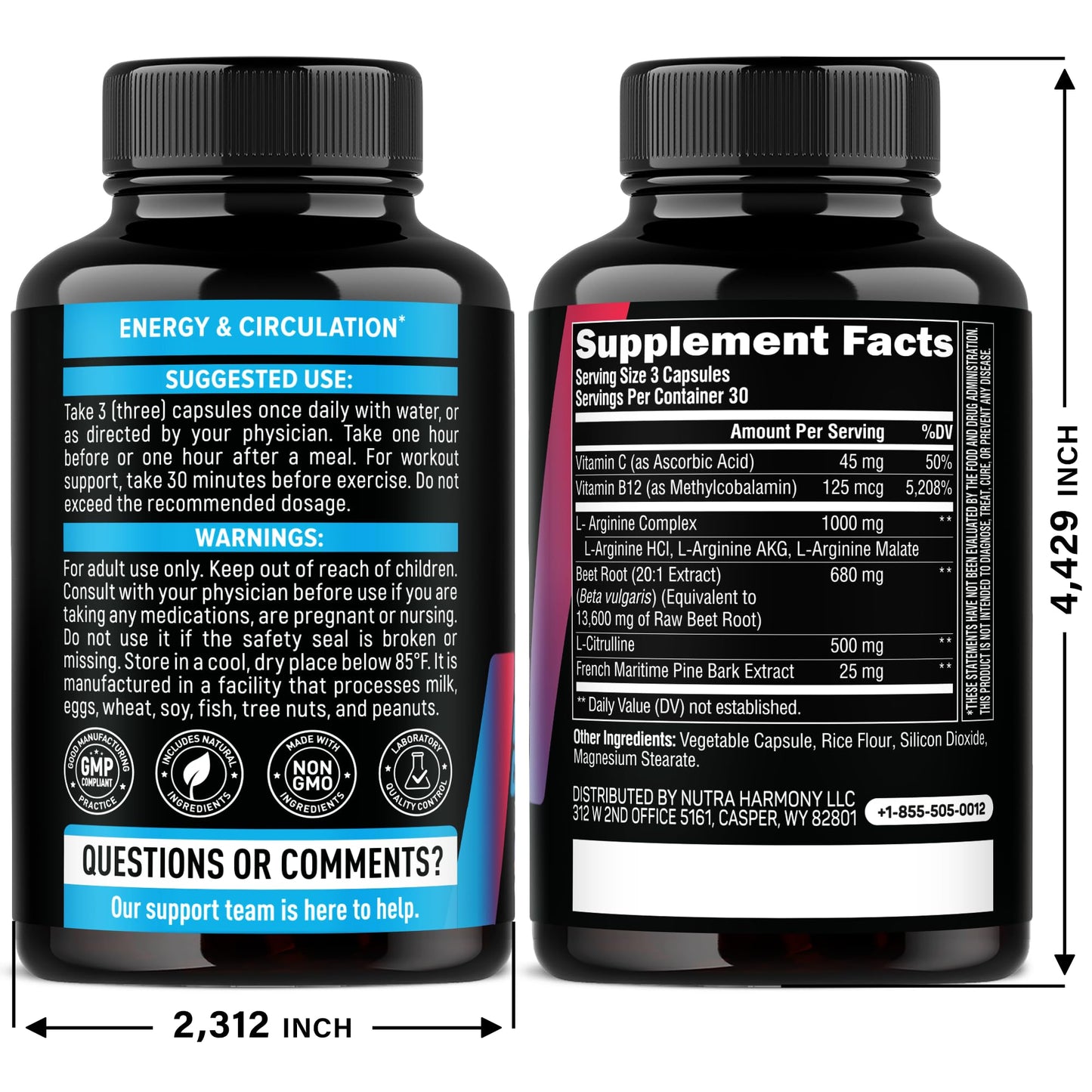 NutraHarmony Nitric Oxide Booster supplement facts and ingredients panel