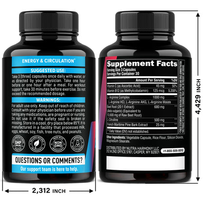 NutraHarmony Nitric Oxide Booster supplement facts and ingredients panel