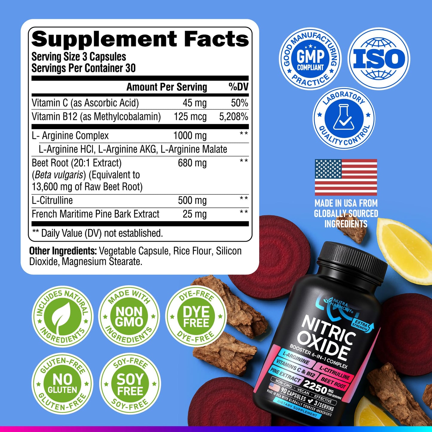 NutraHarmony premium non-GMO vegan pre-workout dietary supplement bottle