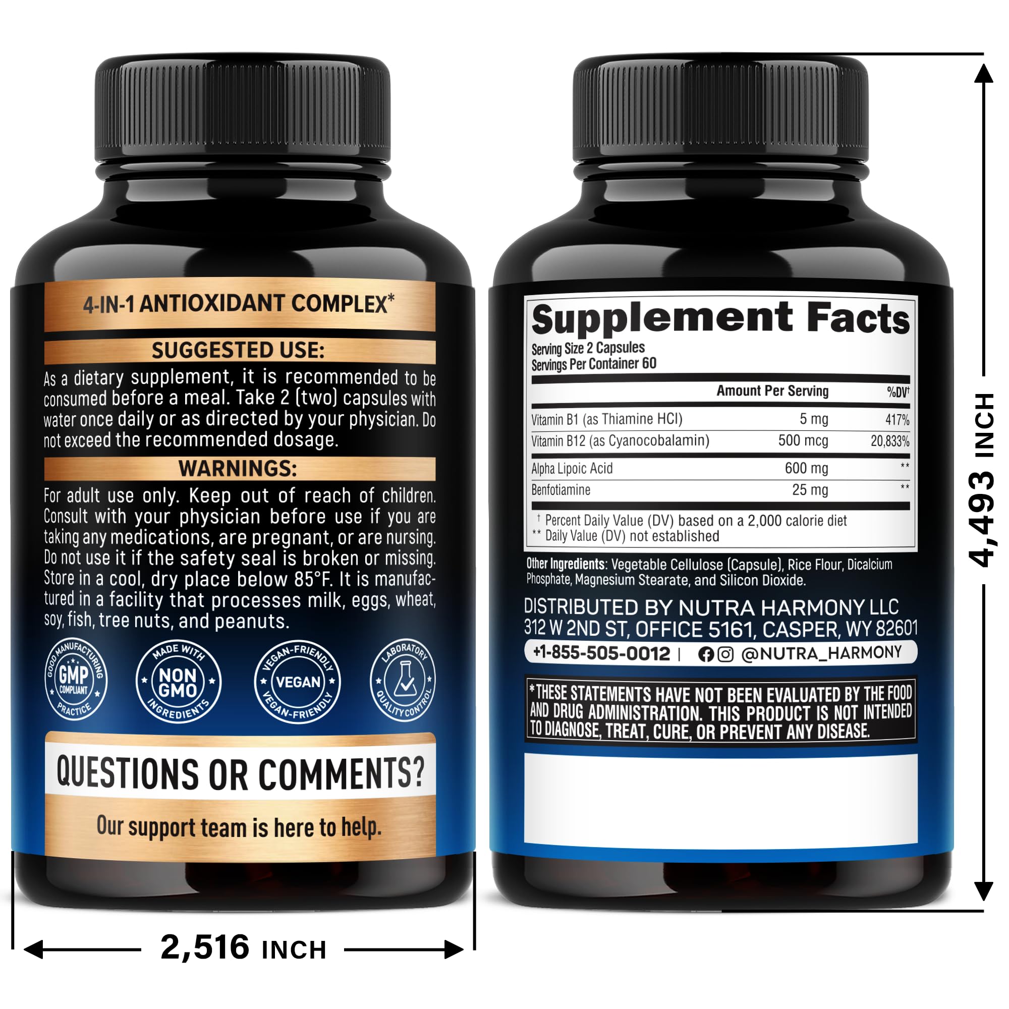 NutraHarmony ALA supplement nutrition facts label showing benfotiamine and B vitamins