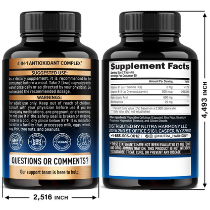 NutraHarmony ALA supplement nutrition facts label showing benfotiamine and B vitamins