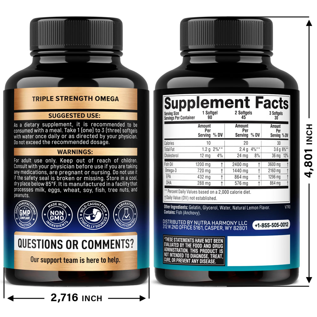 Nutraharmony Omega 3 Fish Oil bottle showing 3600 milligrams potency label detail
