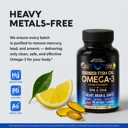 Premium Nutraharmony Omega 3 supplement bottle on white background