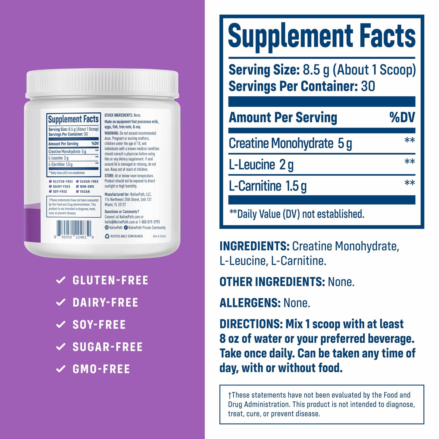 NativePath Creatine Monohydrate Powder 30 servings tub