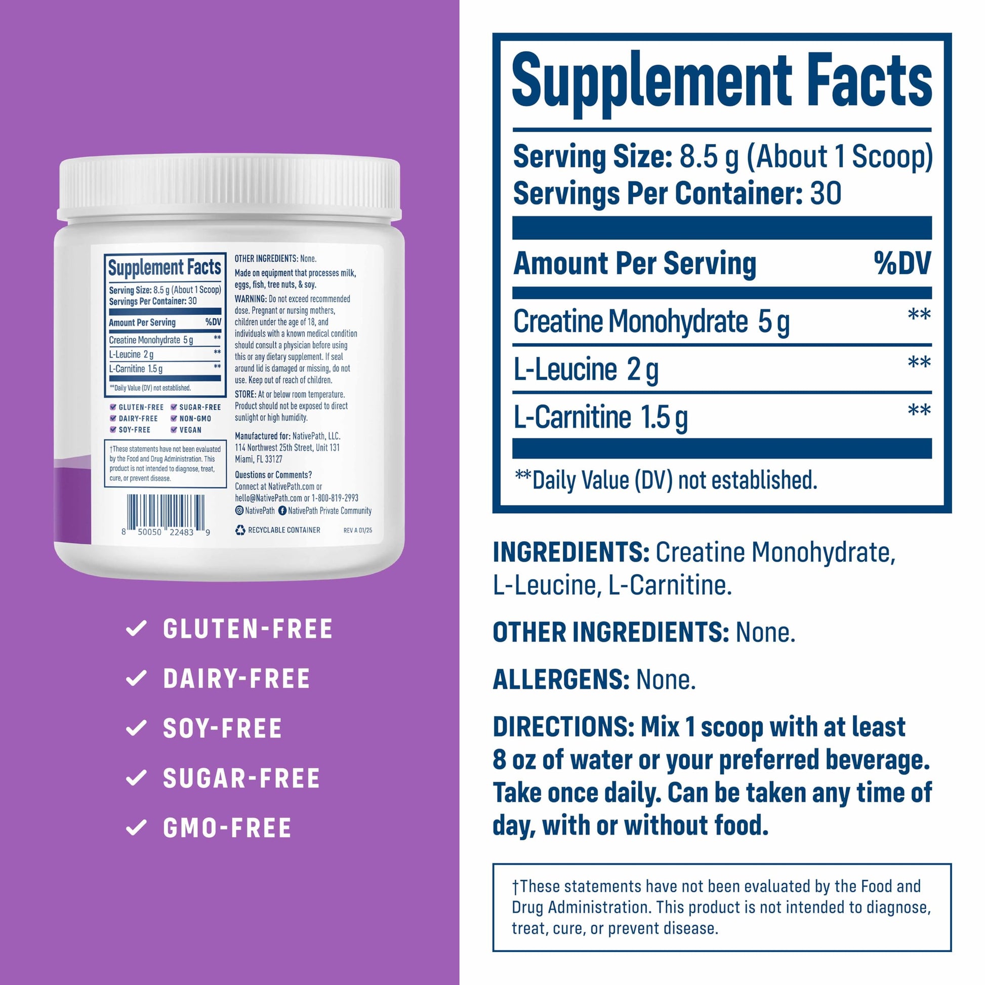 NativePath Creatine Monohydrate Powder 30 servings tub
