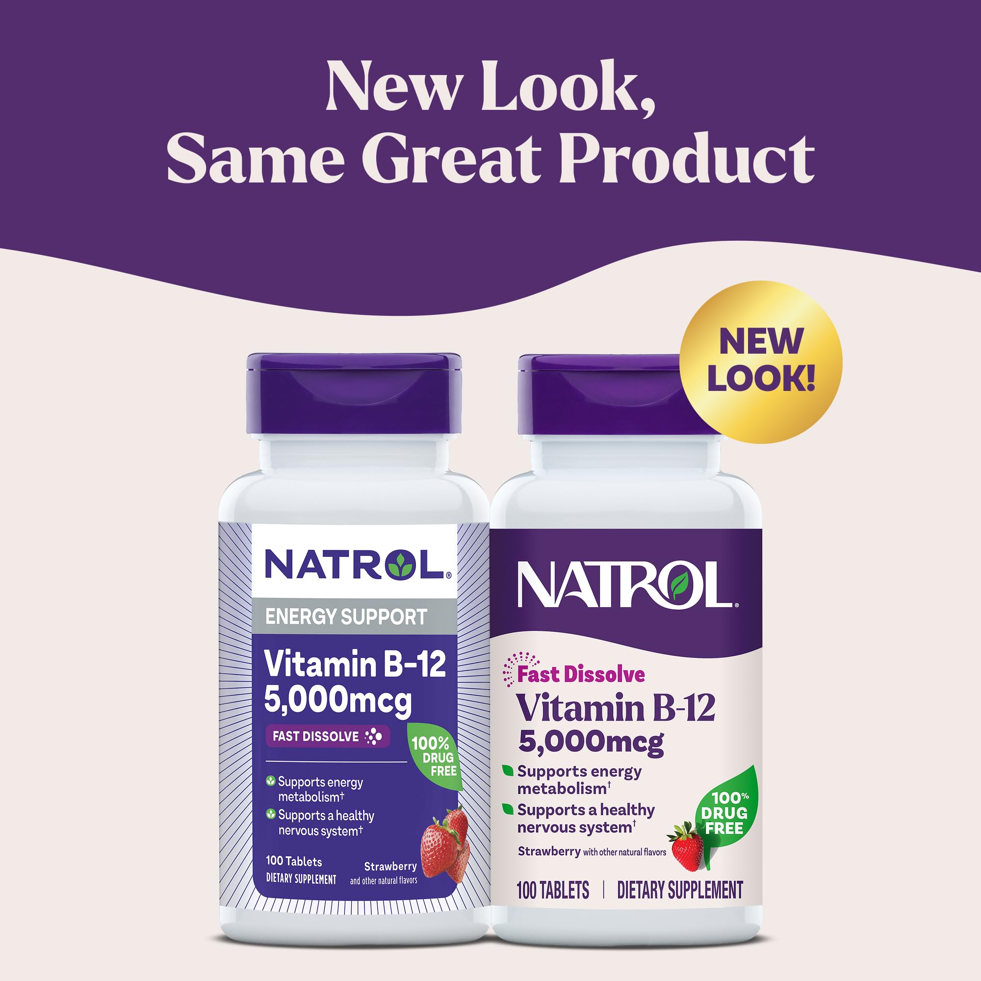 Natrol Vitamin B12 maximum strength strawberry flavored supplement packaging highlighting hundred tablets count